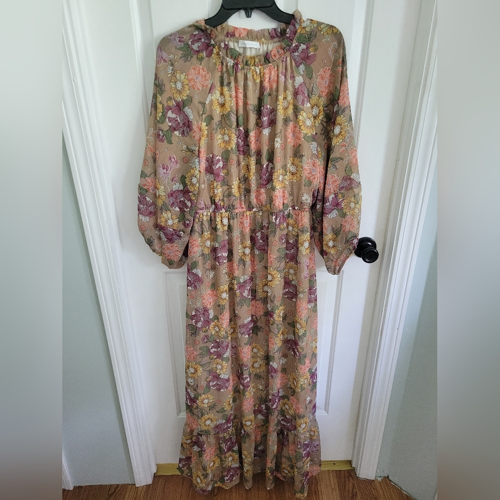 Ces Femme Women’s Mock Neck Long Sleeve Tan Floral Maxi Dress Large
